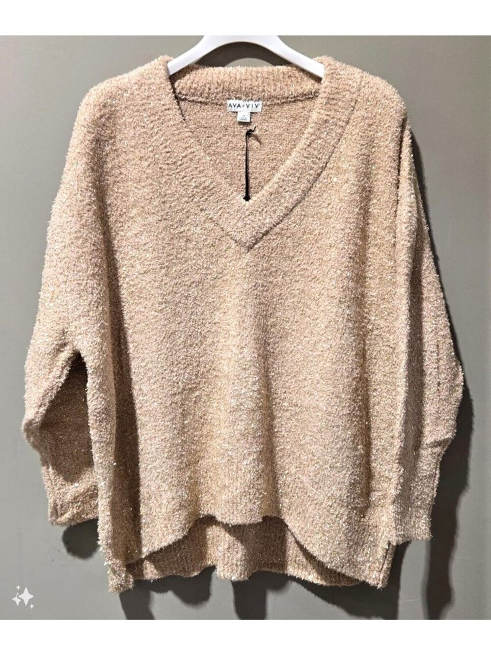 Ava & Viv Cream Lurex Shimmery Knit Super Soft V-Neck Sweater -- Plus 3X 24W/26W